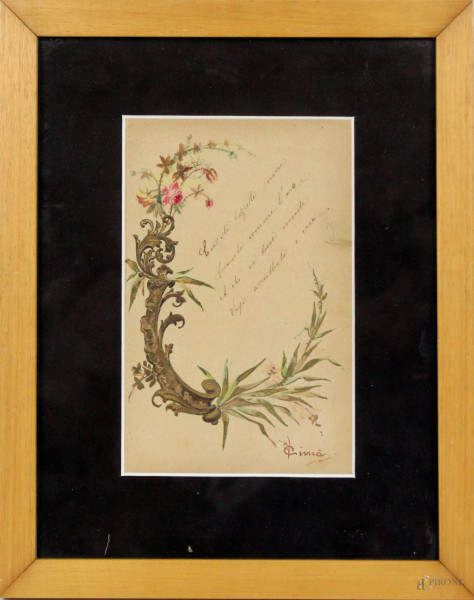 Disegno raffigurante fior di mortella con dedica, cm. 19x12,5, firmato, entro cornice.