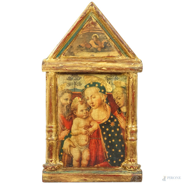 Biagio Antonio Tucci (14-1516) copia da, Madonna con Bambino, edicola in legno scolpito e dorato con oleografia a colori inquadrata da coppia di colonnine, ingombro cm 60,5x34, inizi XX secolo, (difetti)