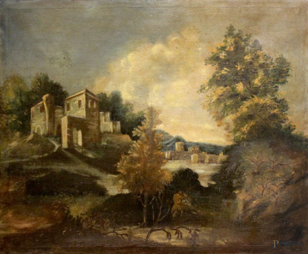 Pittore del XVIII sec., Coppia di paesaggi con rovine e figure, olio su tela, cm 113x94, entro cornici coeve.