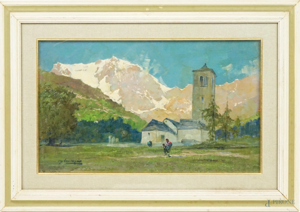 Chiesa Vecchia a Macugnaga, olio su compensato, cm 26x44, firmato, entro cornice