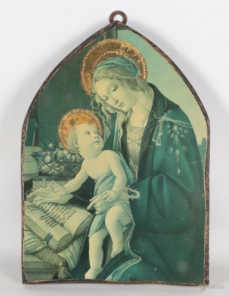 Stampa a colori su legno raffigurante Madonna con Bambino, XX secolo, 38x28, (segni di usura, difetti)