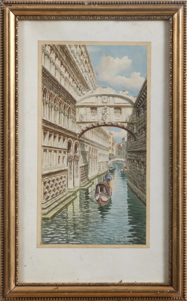 Canale veneziano, XX secolo, tecnica mista su carta applicata su cartoncino, cm 31,5x16,5, firmato in basso a destra, entro cornice, (lievi segni di usura, ossidazione e umidità)