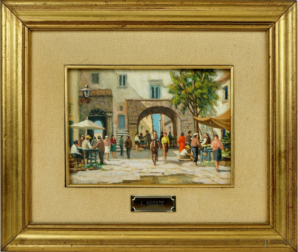 Scena di mercato, olio su cartone telato, cm 12x17, firmato L. Abbate, entro cornice