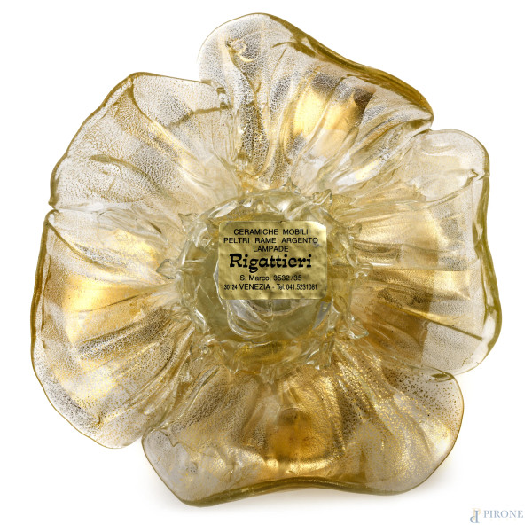 Fiore in vetro di di Murano trasparente spruzzzato oro, XX secolo, cm 13x16x15