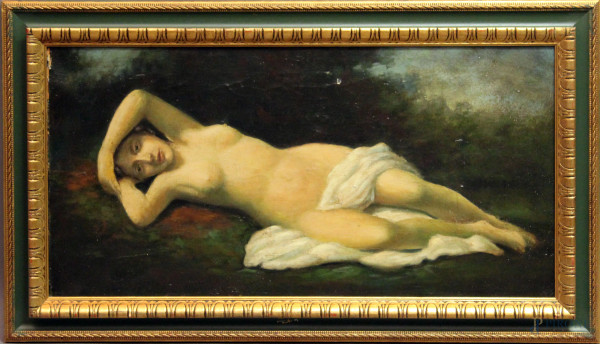 Pittore del XIX sec., Nudo di donna, olio su tela, cm 80x40, entro cornice.