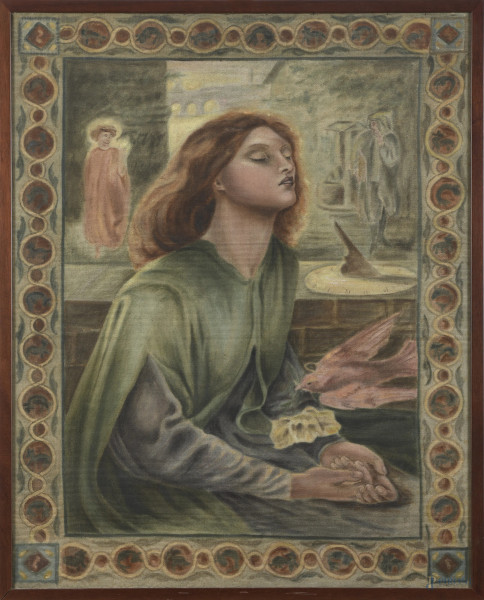 Beata Beatrix (da Dante Gabriel Rossetti), XX secolo, succo d'erba su tessuto, cm 88,5x71, entro cornice, (segni di usura)