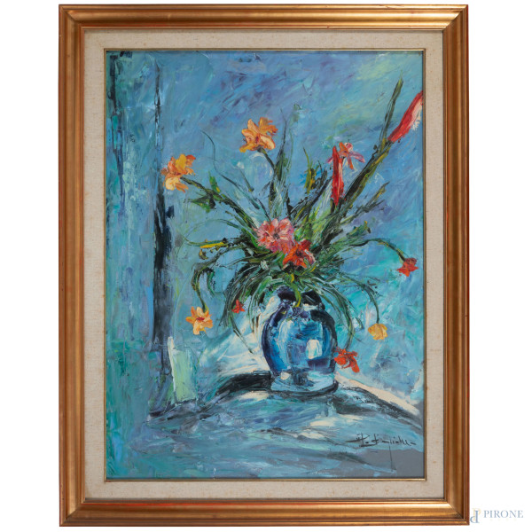 Vaso di fiori, XX secolo, olio su tela, cm 81x60, firmato in basso, entro cornice