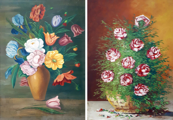 Coppia di dipinti raffiguranti vasi con fiori, 1949 e 1950, olio su legno, ciascuno cm cm 70x50, uno dei due con cornice