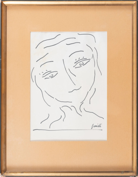 Virgilio Guidi (1891-1984), Volto femminile, pennarello su carta, cm 50x38 compreso passepartout, (tracce di umidità, ondulazioni della carta)
