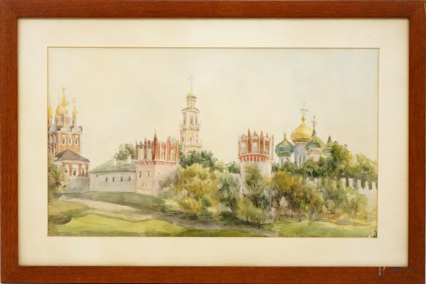 Il convento di Novodevichy a Mosca, acquarello su carta, cm 33x58 circa, XX secolo, entro cornice, (lievi difetti sulla carta).