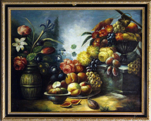 Natura morta con frutta e fiori su sfondo e paesaggio, olio su tela, 72x94 cm, entro cornice