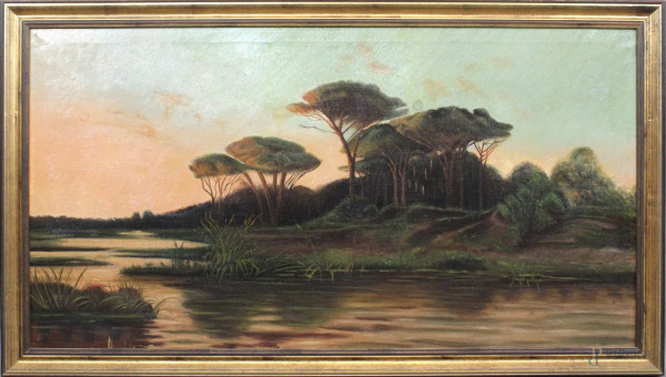 Paesaggio dell'Agropontino, olio su tela, cm.  58x108, metà XX secolo, entro cornice.