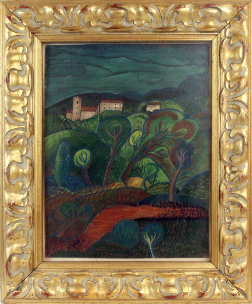Paesaggio, olio su cartone, cm. 45x35, con dedica a tergo, entro cornice