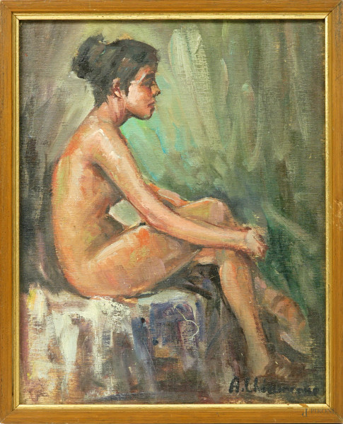 Nudo femminile, olio su tavoletta, firmato in basso a destra, cm 24,5x19,5, entro cornice