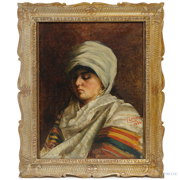 Donna orientale, olio su tela, cm 58,5x44, firmato e datato "1886" in basso a sinistra, entro cornice, (difetti)