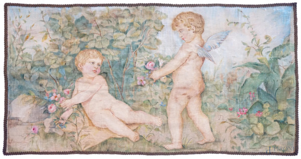 Succo d'erba raffigurante puttini alati con rose, cm 67x121,5, XX secolo,  (difetti)