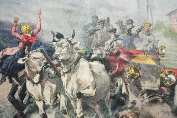 Lotto di sei prime pagine "La Domenica del Corriere", anni 1913-1937-1938, cm 38x28, entro cornic...