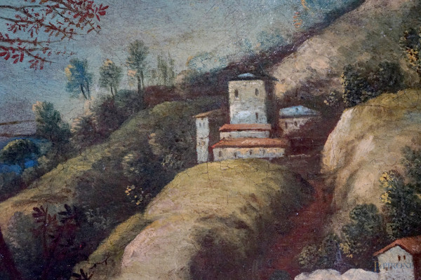 Pittore veneto del XVIII-XIX secolo, Paesaggio con viandati, olio su tela, cm 40x66,5, entro corn...