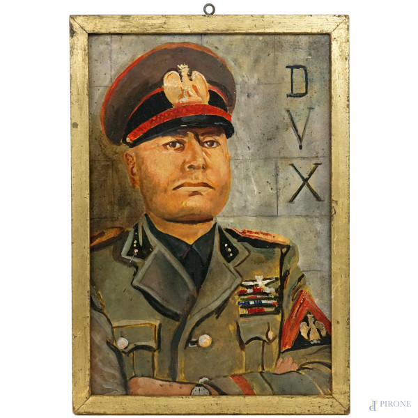 Ritratto di Benito Mussolini, olio su compensato, cm 40x27,5, XX secolo, entro cornice