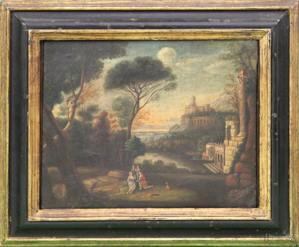Paesaggio con figure e castello sullo sfondo, olio su tela, Francia, XIX sec., cm 22 x 28, entro cornice.