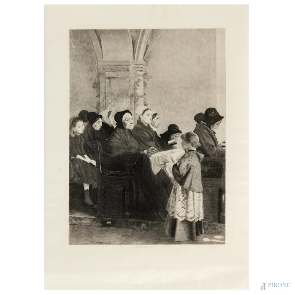 Il pane consacrato, acquaforte, cm 38,5x27,5, firmata in lastra "P A J Dagnan-B Corse 1885", (restauri e abrasioni)