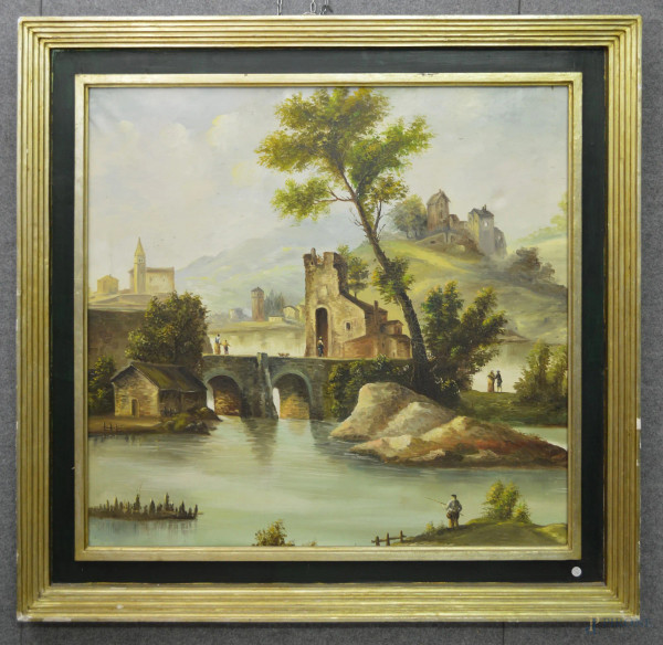 Paesaggio fluviale con figure e ponte, olio su tela 100x94 cm, entro cornice.