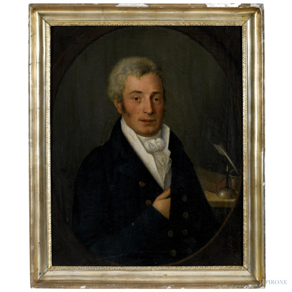 Ritratto di letterato, XIX secolo, olio su tela, cm 75x60,5 entro cornice, (difetti)