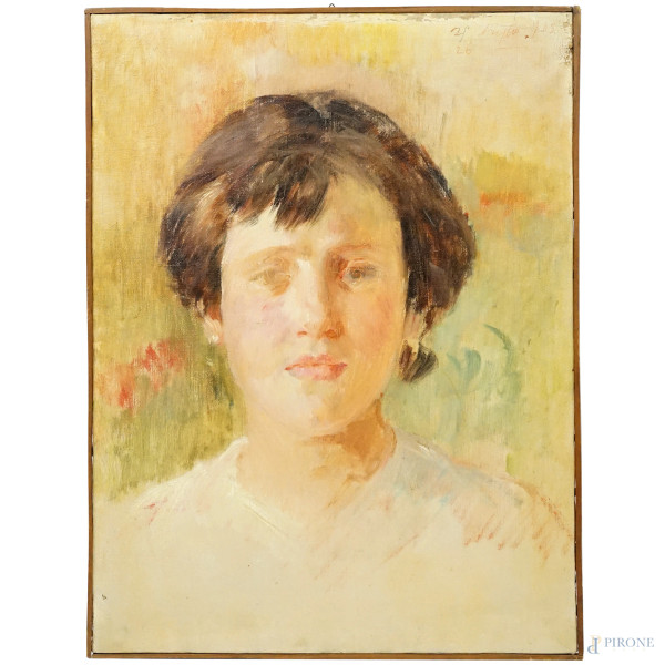 Ritratto di ragazza, olio su tela, cm 49x37, firmato e datato  in alto a destra, (difetti)