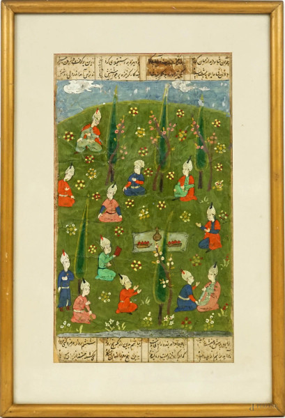 Antica miniatura persiana raffigurante personaggi in preghiera, tempera su carta, cm 28x16, entro cornice, (difetti).