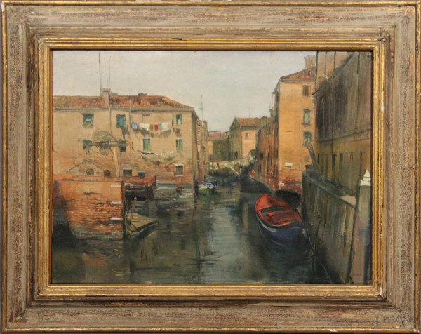 Scorcio di Venezia, olio su tela, 56x78 cm, firmato, entro cornice.
