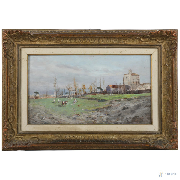 Oscar Ricciardi  (1864- 1935), Sul Vomero, olio su compensato, cm 26,5x47, firmato in basso a destra, entro cornice