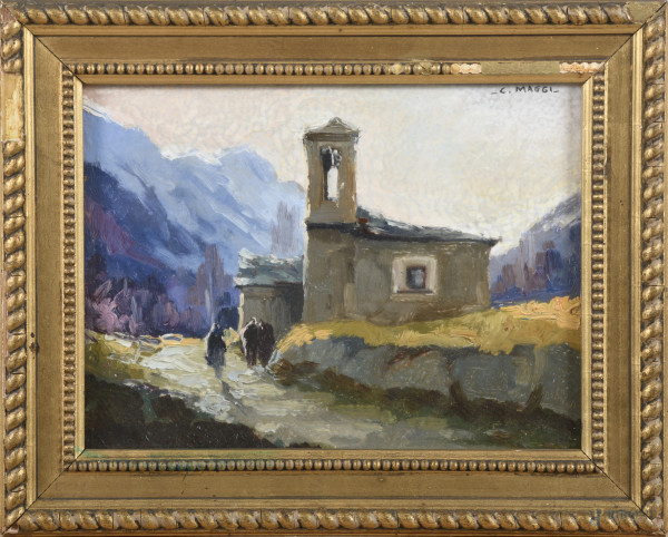 Chiesa montana, XX secolo, olio su cartone, cm 18x24, firmato in alto a destra, entro cornice, (segni di usura)