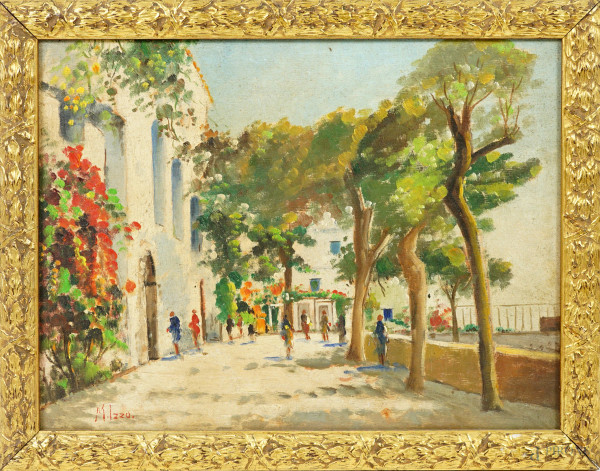 Villa Comunale a Sorrento, XX secolo, olio su tavoletta, cm 30x40, firmato in basso a sinistra, entro cornice