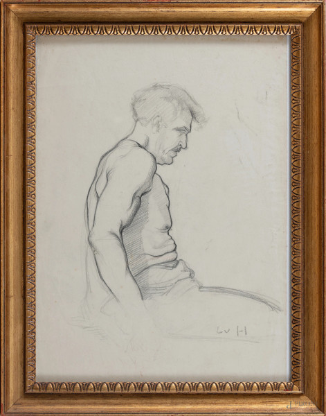 Ritratto di uomo seduto, XX secolo, grafite su carta, cm 39x27, entro cornice, (segni di usura, difetti)