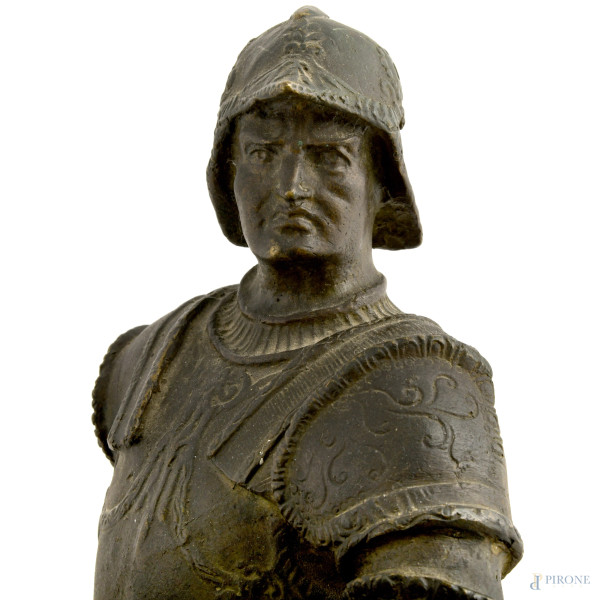 Scultura equestre in bronzo raffigurante Bartolomeo Colleoni, cm 60x50x27, inizi del XX secolo is...