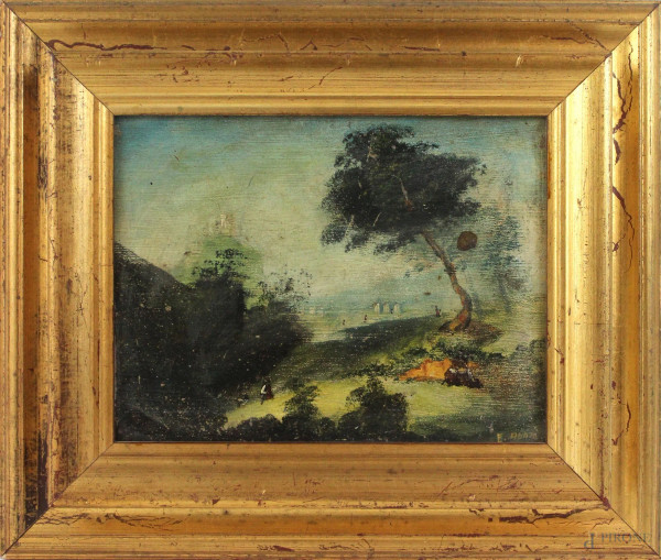 Paesaggio con figure, olio su tavola, cm. 16,5x22, firmato E. Adam, entro cornice
