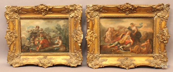 Allegorie, coppia di oli su tela 37x27 cm,, Scuola Veneta, XVIII sec., entro cornici.