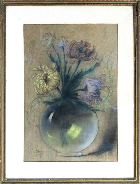 Vaso con fiori, pastello su carta 52x35 cm, firmato, entro cornice.