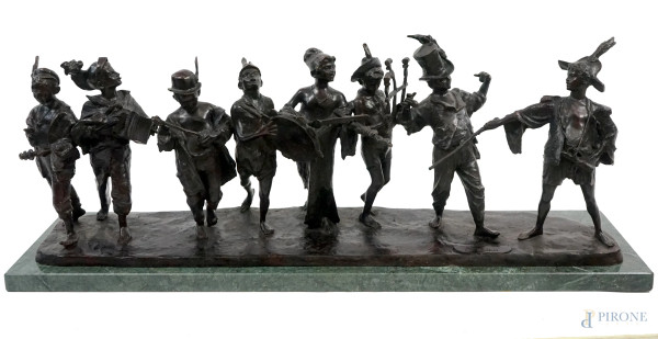 Festa di Piedigrotta, gruppo scultoreo in bronzo brunito, firmato De Matteis, base in marmo, cm h 32,5x89x21 circa