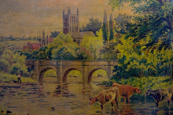 STAMPA RAPPRESENTANTE UNA PAESAGGIO FLUVIALE CON ARMENTI, CM 51X39, ENTRO CORNICE