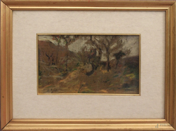 Paesaggio boschivo, olio su tela firmato L. Gioli, cm 16,5 x 24, entro cornice.