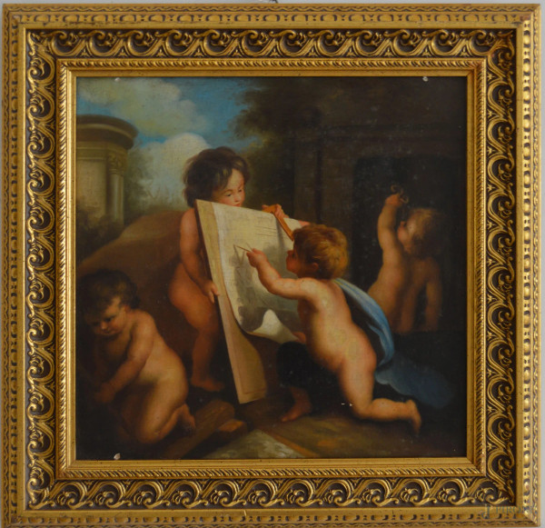 Scena di fanciulli, antico dipinto ad olio su tela 40x40 cm, entro cornice.