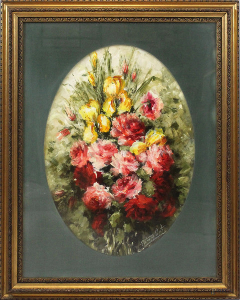 Ortensia Celeste - Composizione di fiori, olio su tavola, cm 61x80, entro cornice.