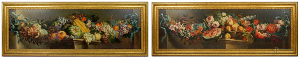 Coppia di nature morte, olio su tela, cm 61x197, a firma F.Pagnotta, entro cornici