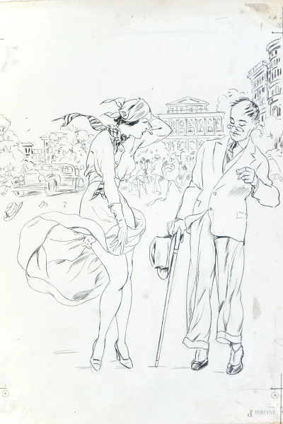 Luigi  Bompard - Bellezza al vento, china su carta, cm 39x29, (lievi difetti).