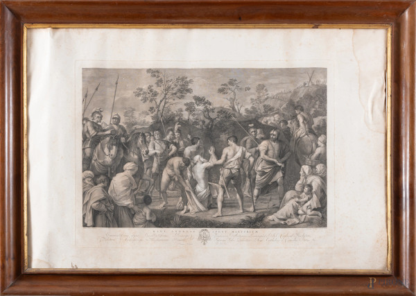 Stefano Tofanelli da Guido Reni, Il martirio di Sant'Andrea, incisione, cm 71x107, entro cornice, (gravi tracce di umidità, segni di usura, ondulazioni della carta, foxing, lacerazioni, assenza di vetro)
