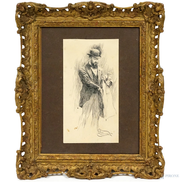 Ritratto d'uomo con cappello, china su carta, cm 18x9,5, firmato, in cornice