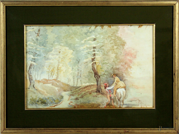 Paesaggio con cavaliere e dama, acquarello su carta, cm 24x36, firmato Pompeo Fabri, 1918, entro cornice.
