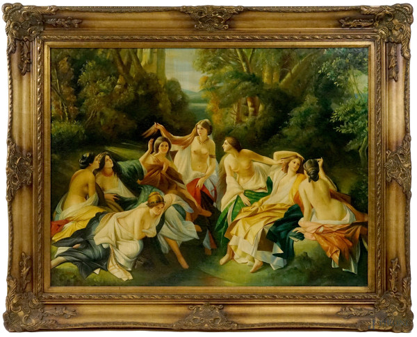 Diana e le ninfe al bagno, olio su tela, cm 90x120, XX secolo, entro cornice