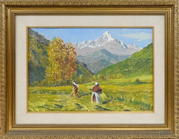 Piero Ansaldi - Paesaggio montano con contadini, olio su cartone telato, cm 40x60, entro cornice.